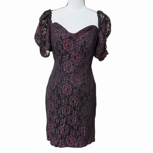 VTG 80s Lace Fitted Sheath Dress Burgundy Black Puff Sleeve M Gothcore Witchy